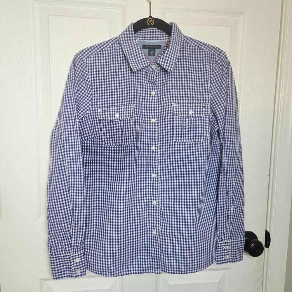 Tommy Hilfiger Shirt Womens Large Blue Check Gingham Cotton Button Up Pockets